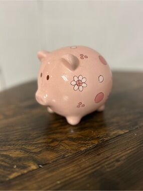 Y2K Stephen Baby Pink Floral Ceramic Piggy Bank, Peace Signs and Polka Dots